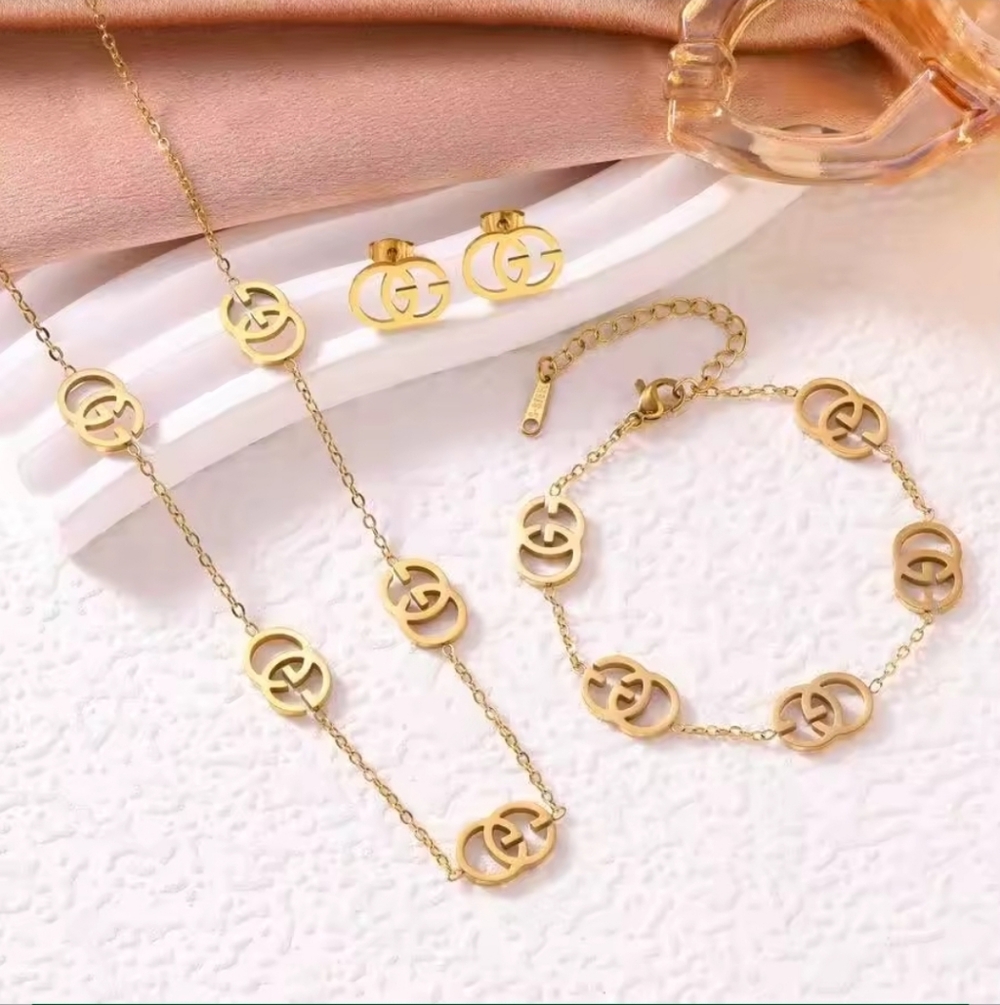 Gold Plated Double G Logo Jewelry Set Necklace Earrings Bracelet Luxury Fashion